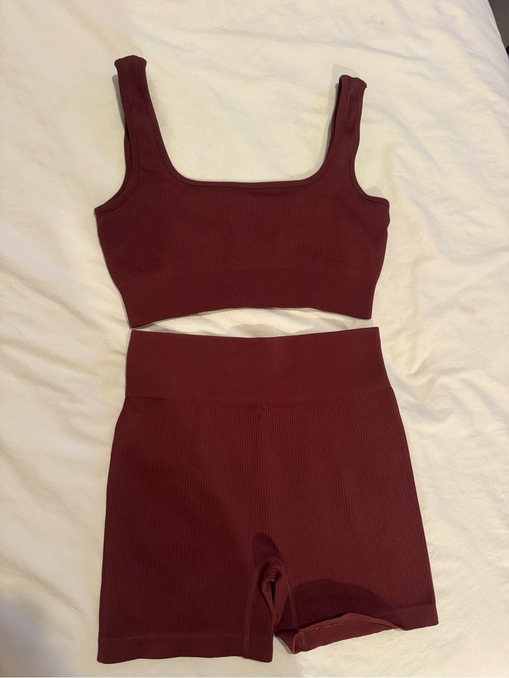 Ribbed Seamless High-Waist Shorts Set - Burgundy